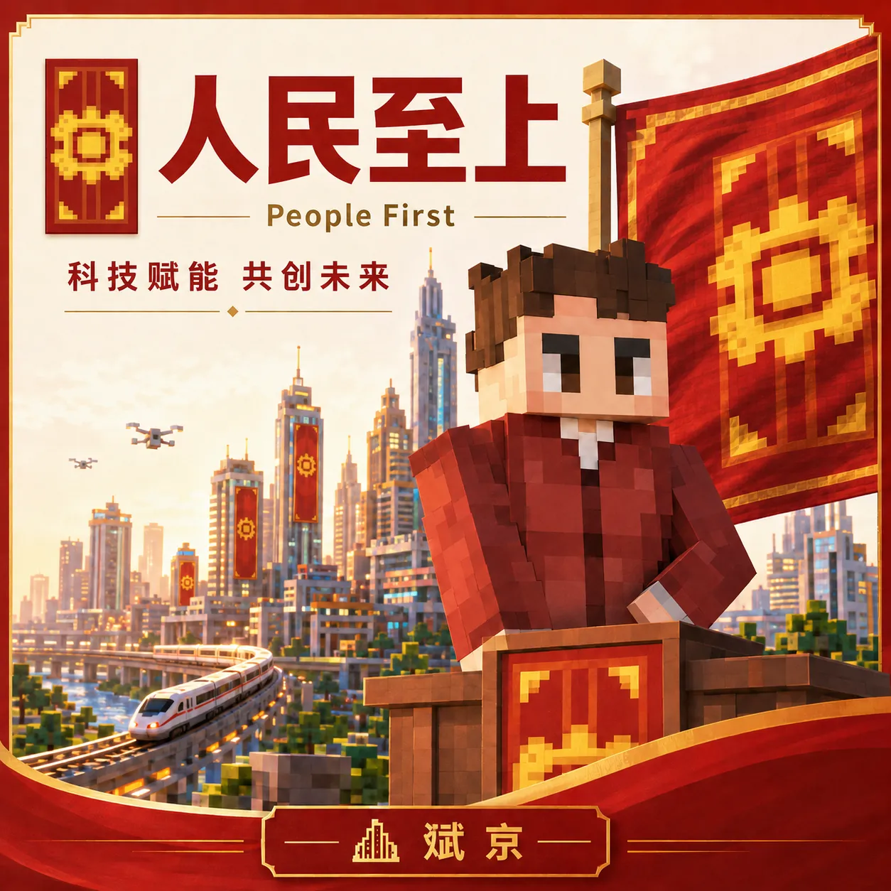 人民至上 — People First. Propaganda poster of the People's Republic of Binjing.